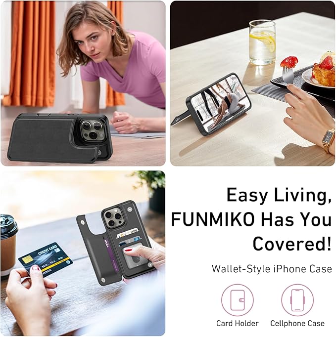 FUNMIKO for iPhone 14 Pro Wallet Case with Card Holder, RFID-Blocking, Military-Grade Protection & UV-Printed Artwork, Magnetic Closure with Leather Kickstand - Black