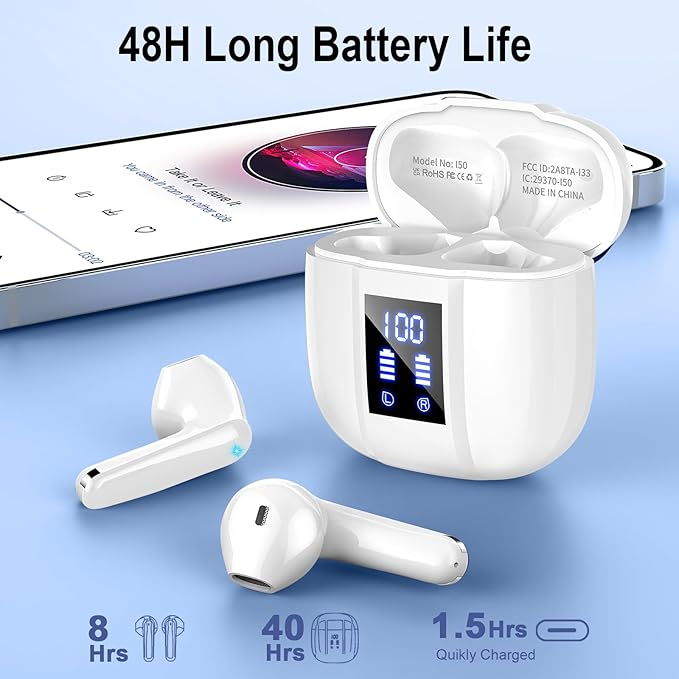 Wireless Earbuds, Bluetooth 5.4 Headphones, 48H, Stereo Ear Buds, LED Display Earphones with Mic, IP7 Waterproof In EarBud, Comfort Fit, Bluetooth Earbuds for Phone Android iOS, Sport, Walk, White