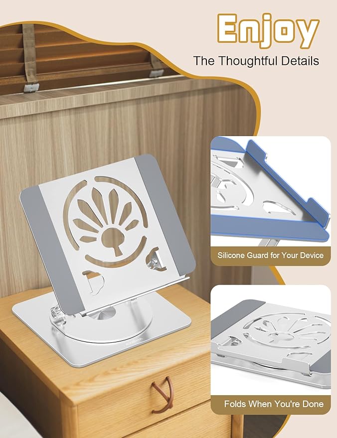 Adjustable Laptop Stand for Desk-360° Rotating Foldable Laptop Holder Ergonomic Laptop Riser for MacBook Pro/Air Dell HP Lenovo Notebook up to 16.3",Silver