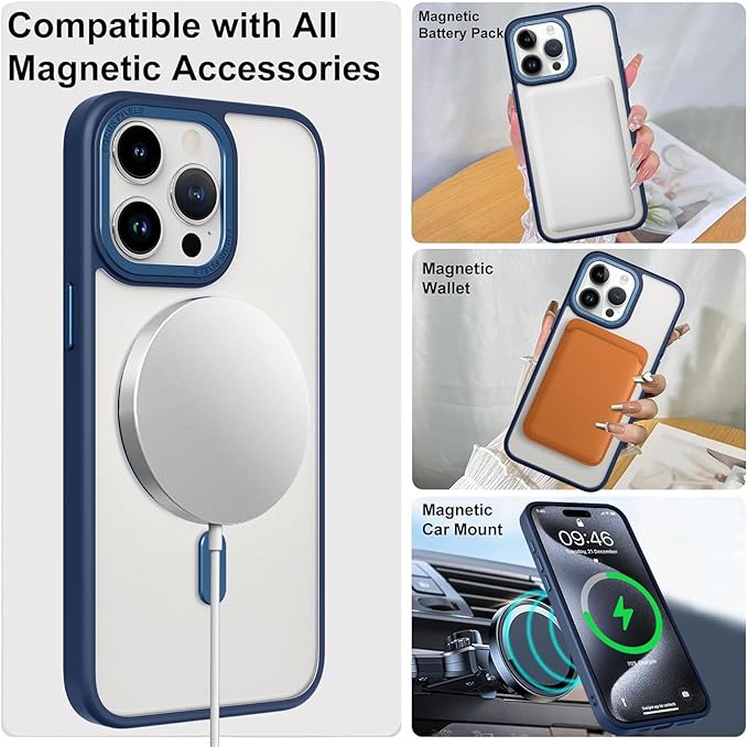 ZIYE Magnetic Case for iPhone 15 Pro Max Case with Stand [Compatible with MagSafe] Slim Shockproof Military Grade Heavy Duty Cover with 360 Rotatable Ring Kickstand for Women Men, Translucent Blue