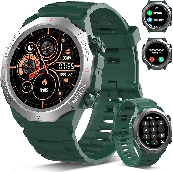 Military Smart Watches for Men(Answer/Make Calls), 1.39"HD Fitness Watch, 24/7 Heart Rate Sleep Monitor, Smart Watch for Men 110+ Sport Modes, 30Day, IP68 Waterproof Smartwatch for Android iOS, Green