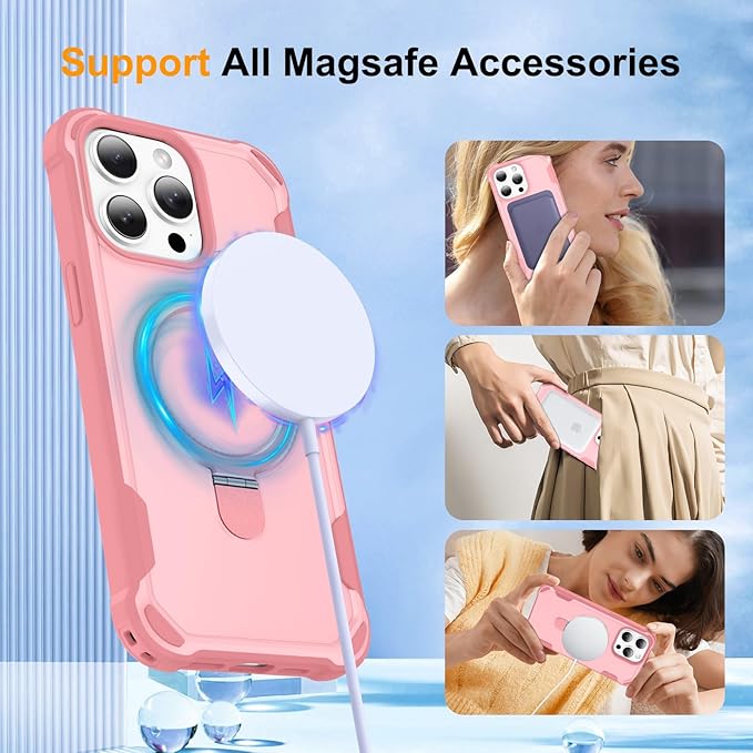 Compatible with iPhone 14 Pro Case with Invisible Magnetic Ring Stand [Compatible with Magnetic] [Military Drop Protection] Shockproof Slim Hard Back Soft Edge Case 6.1 Inch, Pink