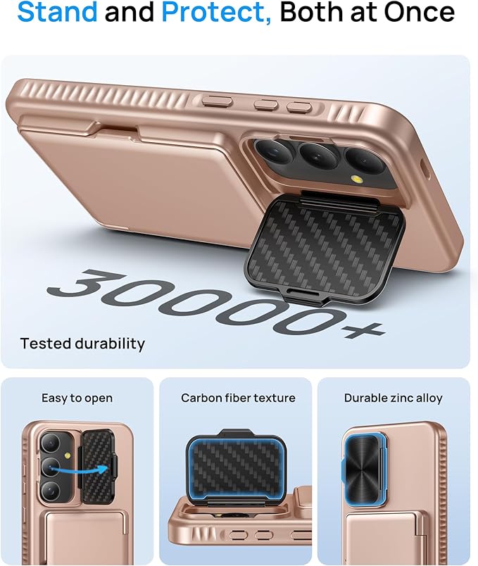 for Samsung Galaxy S25 FE Case with Card Holder & Camera Lens Cover Stand, Military Grade Drop Protection Shockproof Rugged Stand Wallet Protective Phone Case for S25 FE 2025, Rose Gold