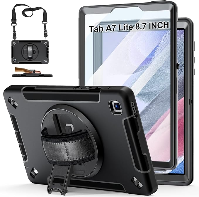 Case for Galaxy Tab A7 Lite 8.7 Inch: TPU Shockproof Cover for Samsung Galaxy Tablet A7 Lite 2021 with Stand - Screen Protector - Shoulder Strap - Handle - S-Pen Holder - Black