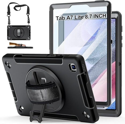 Case for Galaxy Tab A7 Lite 8.7 Inch: TPU Shockproof Cover for Samsung Galaxy Tablet A7 Lite 2021 with Stand - Screen Protector - Shoulder Strap - Handle - S-Pen Holder - Black