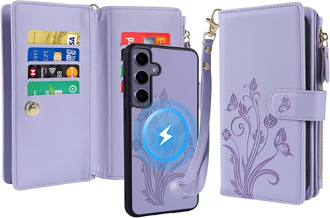 Lacass for Samsung Galaxy S24 FE S24FE Case Wallet,Compatible with MagSafe 2 in 1 Magnetic Detachable PU Leather RFID Blocking Wallet Cover Card Holder Zipper Wrist Strap Lanyard Floral Light Purple
