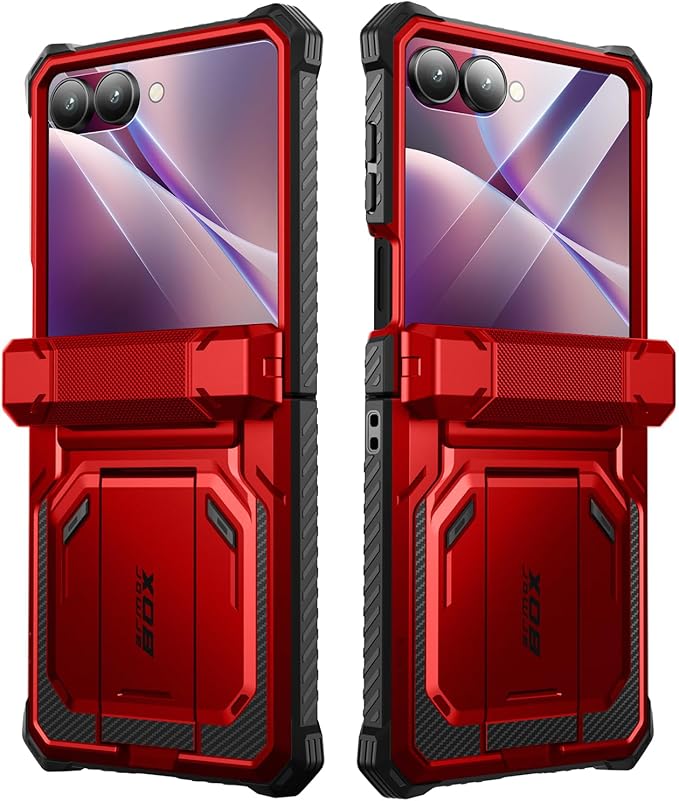 i-Blason for Samsung Galaxy Z Flip 7 Case with Stand, [Tempered Glass Screen Protector] [Hinge Protection] [Belt-Clip], Full-Body Military Protection Phone Case for Samsung Z Flip 7, Armorbox, Red