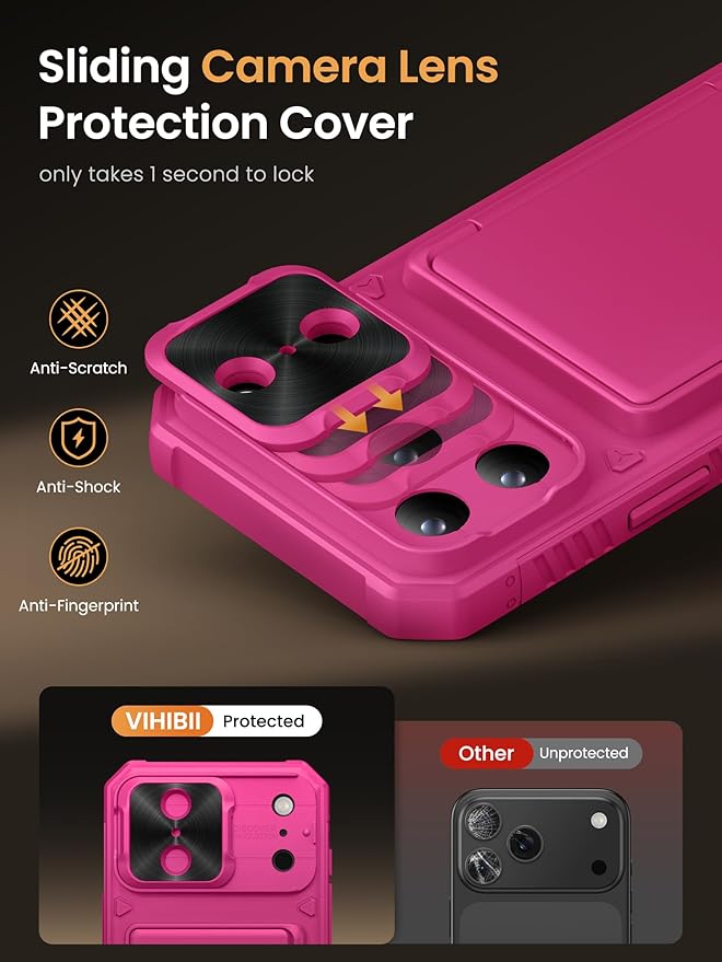 Vihibii for iPhone 17 Pro Case Wallet with Card Holder (4 Cards) [RFID Blocking] & Slide Lens Cover & Raised Edges Protect Screen, Shockproof Rugged Phone Cover Case for iPhone 17 Pro 2025, Hot Pink