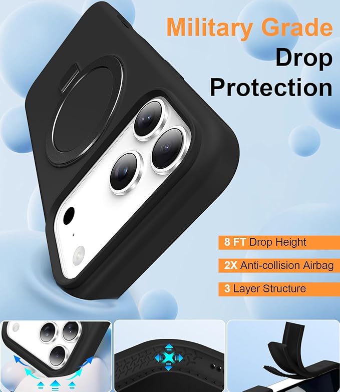 ZHK Liquid Silicone Designed for iPhone 17 Pro Case with Magnet Stand, [Precise Camera Lens Protection][Mil-Grade Drop Shockproof][Soft Anti-Scratch Microfiber Lining] Slim Fit Cover, Black