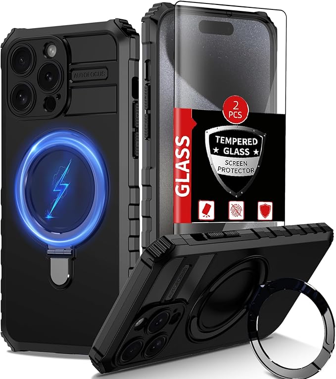 for iPhone 14 Pro Case Magnetic Compatible with MagSafe Wireless Charging,with 2 Screen Protector,with Kickstand Ring Shockproof Shock-Absorbent Heavy Duty Protection Scratch Resistant Black