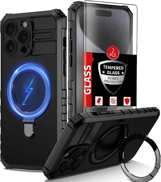 for iPhone 14 Pro Case Magnetic Compatible with MagSafe Wireless Charging,with 2 Screen Protector,with Kickstand Ring Shockproof Shock-Absorbent Heavy Duty Protection Scratch Resistant Black