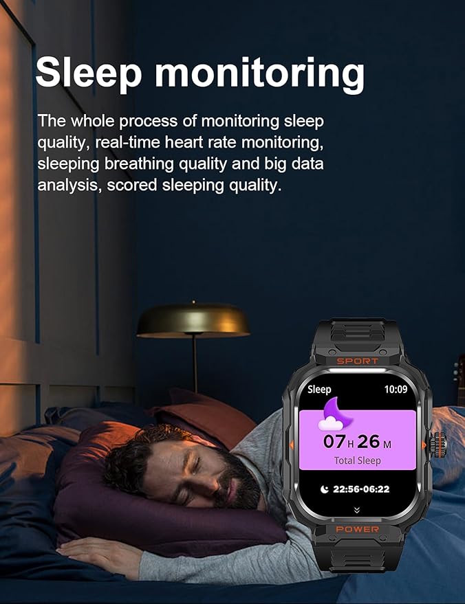 ZJX Smart Watch with Earbuds for Men(Call Receive/Dial), 2.01" HD Outdoor Tactical Rugged, Sports Fitness Tracker with Step,Calories,Sleep Monitor,Heart Rate Monitor for iPhone Android Classic Black