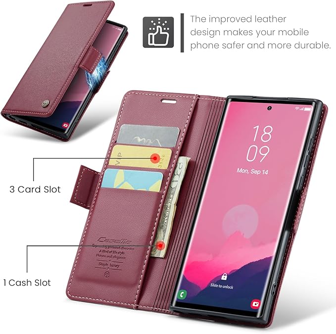 AUPAI for Samsung Galaxy S25 Ultra Wallet Case with Credit Card Holder, PU Leather RFID Blocking Folio Flip Kickstand Magnetic Clasp Protective Phone Cover for Women Men Wine Red