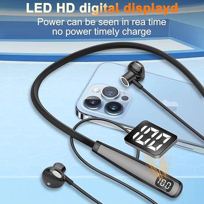 Wireless Earbuds with LED Power, Running Ear Buds 100 Hours Playtime, semi-in-Ear Bluetooth Headphones with Microphone for Running and Exercising in The Gym (Y10L)