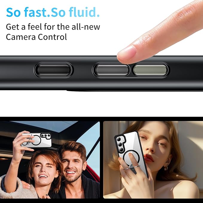 for Samsung Galaxy S24 Case,Compatible with Magsafe,with 360°Rotatable Magnetic Ring Stand Clear Slim Soft Edge Phone Kickstand,Clear & Black