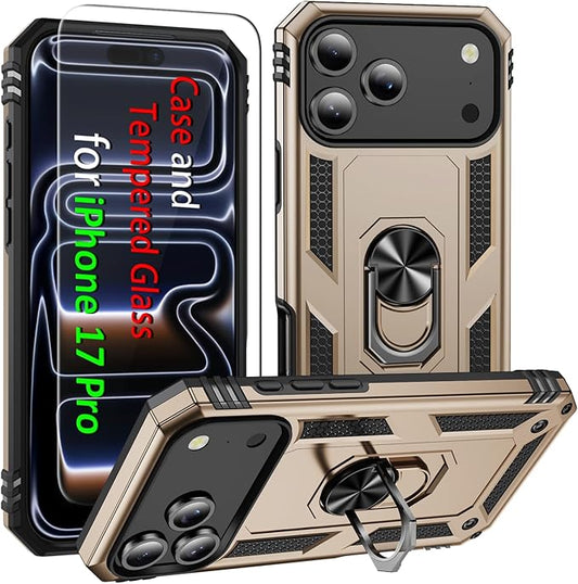 ADDIT Compatible with iPhone 17 Pro Case with Tempered Glass Screen Protector, Adjustable Kickstand Ring, Military-Grade Heavy Duty Protection, Shockproof, Anti-Fingerprint,Gold