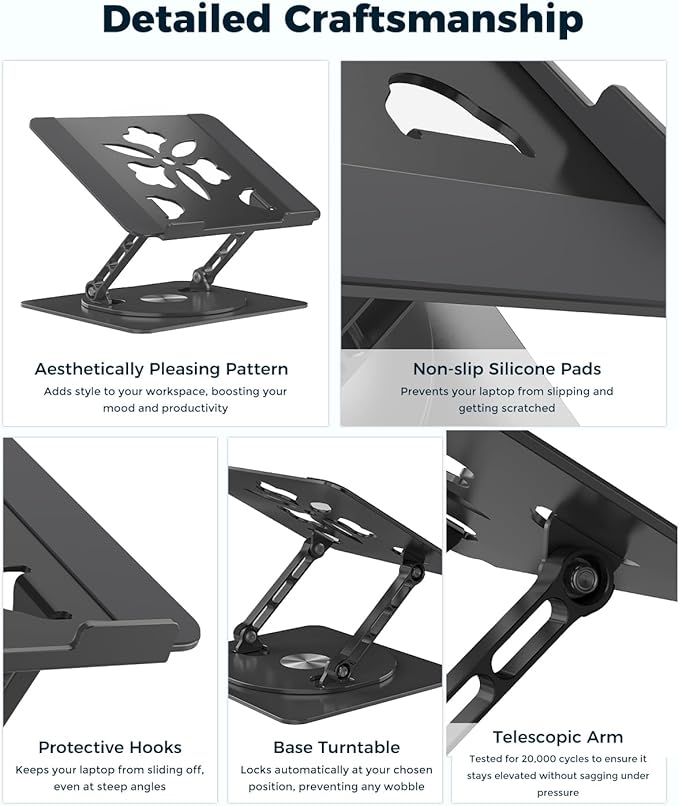 Adjustable Laptop Stand for Desk - Portable Laptop Riser with Rotating Base, Foldable Aluminum Computer Stand, Ergonomic Laptop Holder for MacBook Pro/Air Dell HP Lenovo Notebook up to 15.6", Black