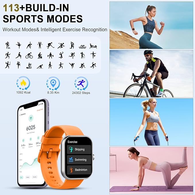 Smart Watch (Answer/Make Calls), 1.96"HD Smartwatch for Men Women 113+ Sport, 2025 Fitness Activity Tracker with Heart Rate Monitor, Sleep Trackers, Pedometer, IP68 Waterproof for Android iOS Orange