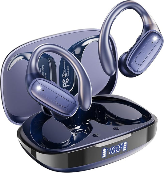 Wireless Earbuds, Sports Bluetooth Headphones, Ear Buds with ENC Noise Canceling Mic, 80Hr Playtime Earphones, Palm-Sized, LED Power Display, IPX7 Waterproof Headset for Workout Running, Royal Blue
