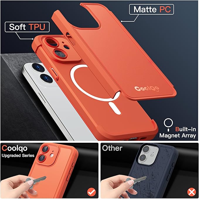 COOLQO Magnetic for iPhone 12 Case, Compatible with MagSafe, Dual Layer Design Military Grade Protection, Translucent Matte Scratch-Resistant Back Protective Shockproof Phone Case, Orange