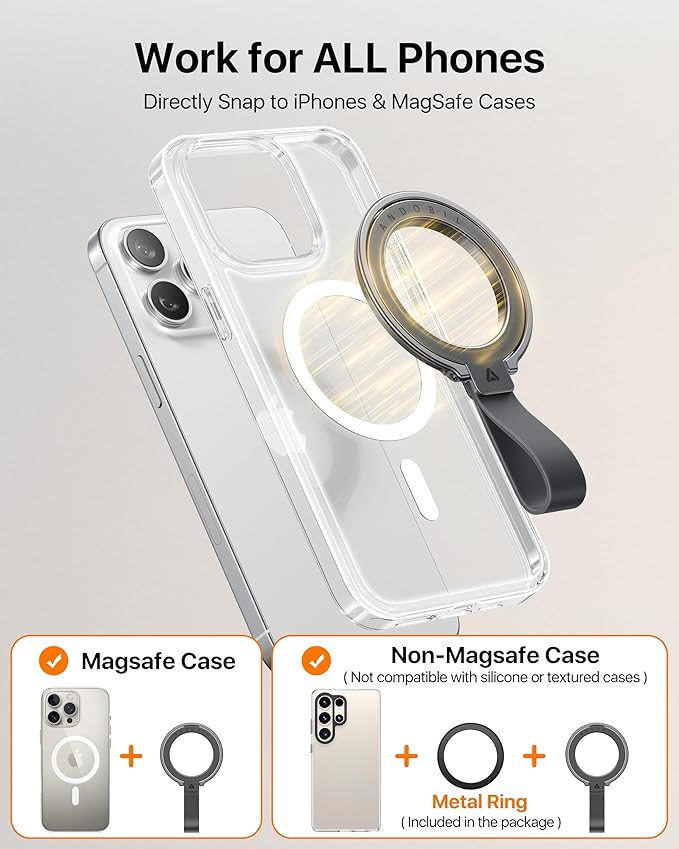 andobil [2025 Unrivaled Stability] Magnetic Phone Grip Holder for MagSafe Ring Stand Holder Kickstand Compatible with MagSafe Accessories for iPhone 17 Air 16 Pro Max Plus 15/14/13/12&Android, Grey