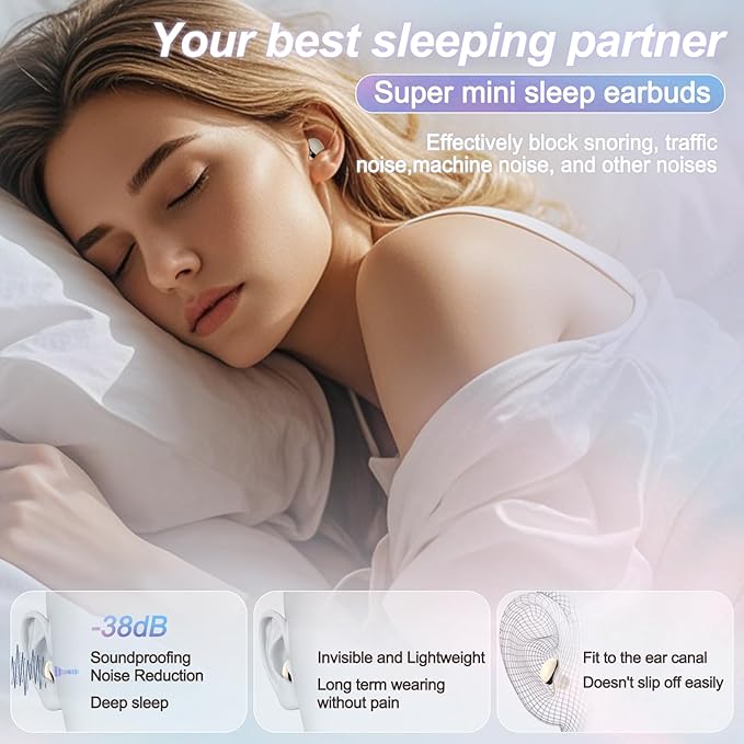 Sleep Earbuds, Invisible Mini Headphones Wireless Bluetooth, Sleep Headphones for Side Sleepers, Small Ear Buds, Hidden Earbuds for Work, Suitable for Sleep, Work, Exercise (Black)