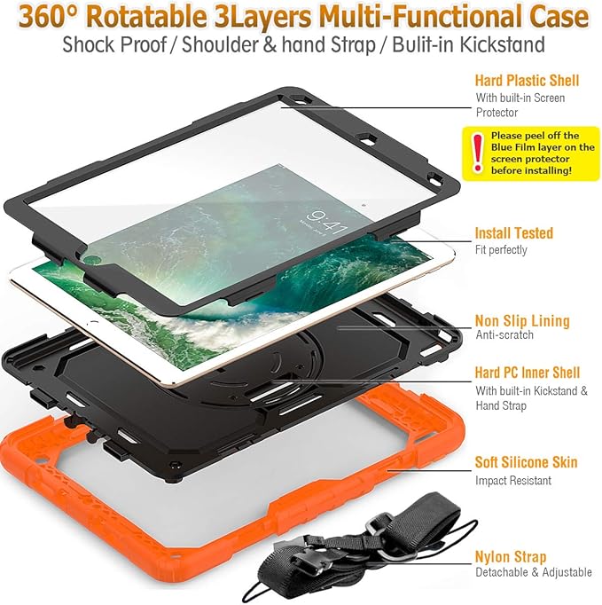 SEYMAC stock Case for iPad Air 3 2019 / Pro 10.5'' with Screen Protector Pen Holder [360° Rotate Hand Strap/Stand], Drop-Proof Case (Black+Orange)