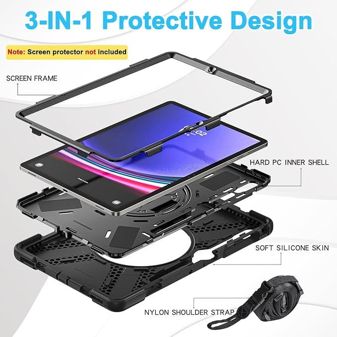 BRAECN for Samsung Galaxy Tab S10 Plus Case 2024/S9 Plus/S9 FE+/S8 Plus/S7 Plus /S7 FE 12.4 Inch,Heavy Duty Shockproof Case with S Pen Holder&360 Rotating Hand Strap/Kickstand Shoulder Strap,Black