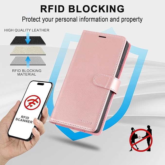 MONASAY Wallet Case Compatible for Galaxy S23 Ultra 5G,[RFID Blocking] Flip Folio Leather Cell Phone Cover with Credit Card Holder, 6.8 inch, Rosegold