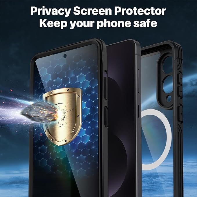 CENHUFO Magnetic Privacy for Samsung Galaxy S25 Edge Case, Full Body Phone Case with Built-in 9H Tempered Glass Privacy Screen Protector and Camera Protector, Shockproof Bumper Clear Cover - Black