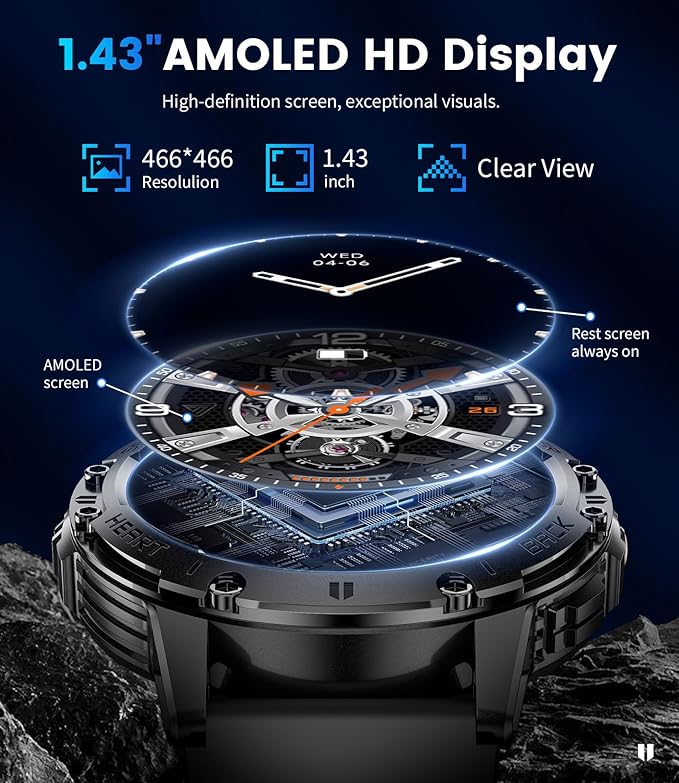 Military Smart Watches for Men(Answer/Make Calls) with LED Flashlight,530mAh Large Battery,1.43’’ AMOLED Fitness Tracker Heart Rate/SpO2/Sleep Monitor 5ATM Smartwatch for Android iOS,Silicone