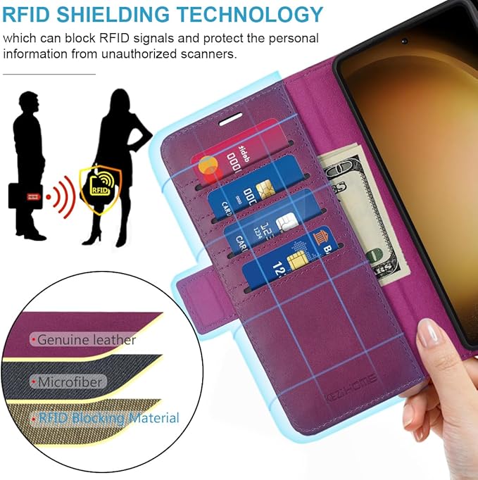 KEZiHOME for Samsung Galaxy S24+ Plus 5G Case, Genuine Leather Wallet Case Flip Cover Stand RFID Blocking Card Holder Magnetic Compatible with Galaxy S24 Plus 5G (2024) (Purple/Brown)