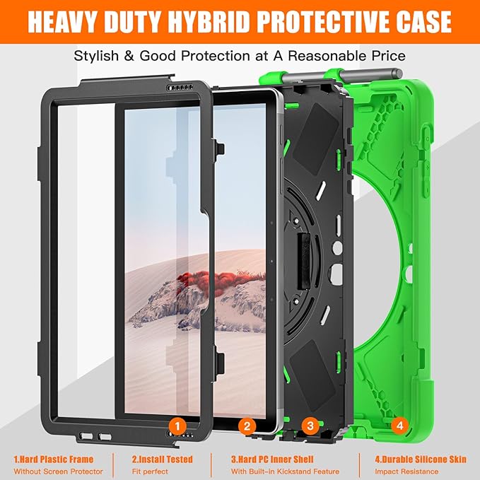 ZenRich Rugged Case for Surface Go 4 (2023)/Surface Go 3 (2021)/ Surface Go 2 (2020), Surface Go (2018) with Pen Holder Heavy Duty Shockproof Case with Stand Hand Strap and Shoulder Belt-Green