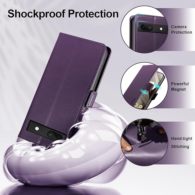Wallet Flip Case for Google Pixel 7A - [RFID Blocking] Luxury PU Leather Card Holder Magnetic Phone Cover with Kickstand,Shockproof Protective Case,Purple