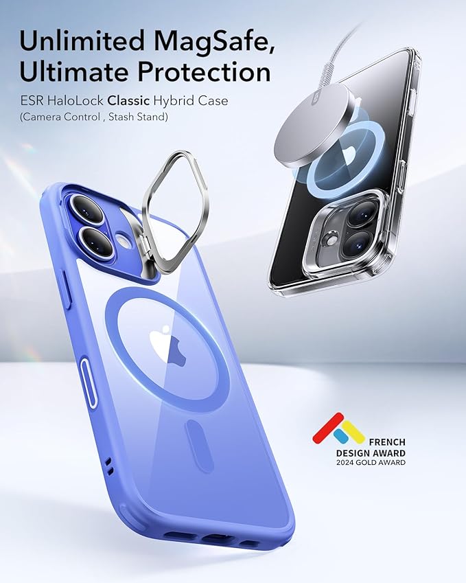 ESR for iPhone 16 Plus Case, Camera Control Button Compatible with MagSafe, Military-Grade Protective Case, Built-in Stash Stand Phone Case, Scratch-Resistant Back Cover, Classic Series, Clear Blue