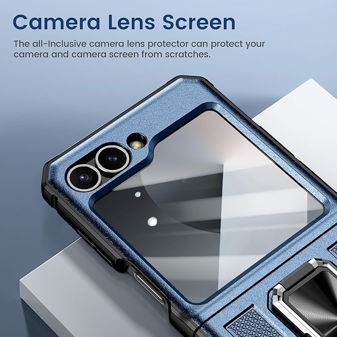 VEGO for Samsung Flip 6 Case with Belt Clip Holster, Hinge Protection Case with 360° Ring Kickstand & Camera Screen Protector Heavy Duty Protective Armor Case for Galaxy Z Flip 6 - Blue