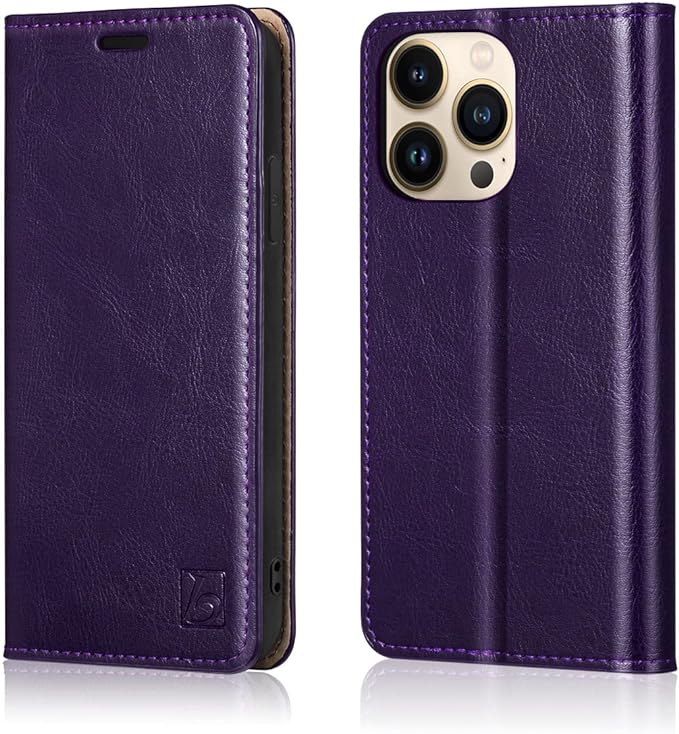 Belemay Compatible with iPhone 14 Pro Max Case Wallet-Genuine Leather Flip Case-RFID Blocking Card Holder-Shockproof TPU Shell Folio Cover Women Men Compatible with iPhone 14 Pro Max (6.7-inch) Purple
