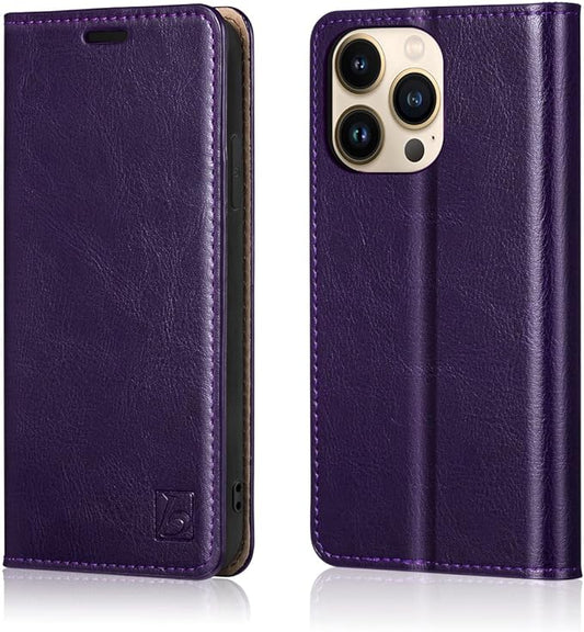 Belemay Compatible with iPhone 14 Pro Max Case Wallet-Genuine Leather Flip Case-RFID Blocking Card Holder-Shockproof TPU Shell Folio Cover Women Men Compatible with iPhone 14 Pro Max (6.7-inch) Purple