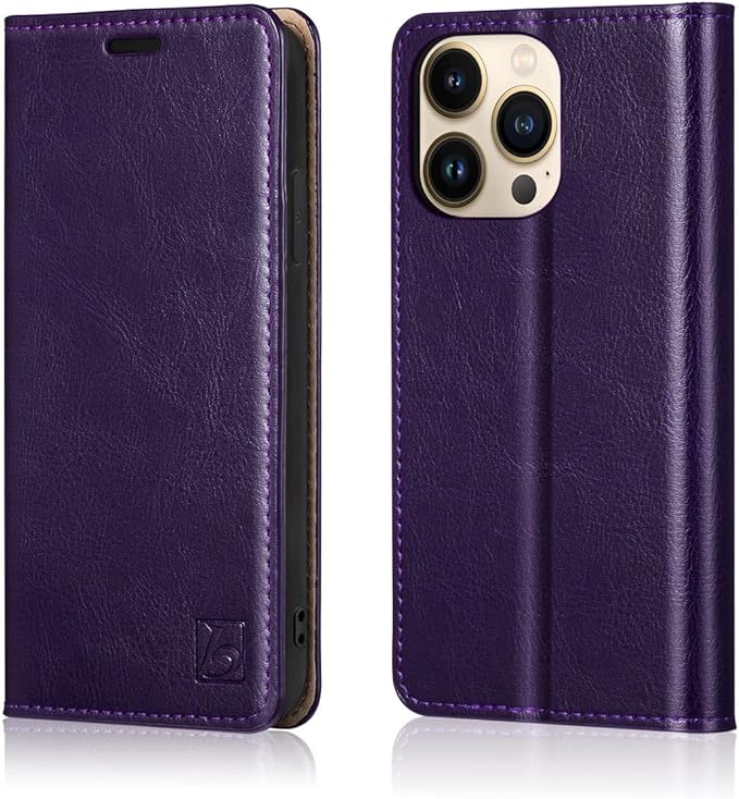 Belemay Compatible with iPhone 14 Pro Wallet Case-Genuine Leather Flip Phone Case-RFID Blocking Card Holders-Shockproof TPU Shell Folio Book Cover Women Men Compatible with iPhone 14 Pro (6.1") Purple