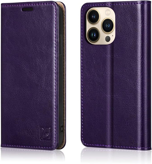 Belemay Compatible with iPhone 14 Pro Wallet Case-Genuine Leather Flip Phone Case-RFID Blocking Card Holders-Shockproof TPU Shell Folio Book Cover Women Men Compatible with iPhone 14 Pro (6.1") Purple
