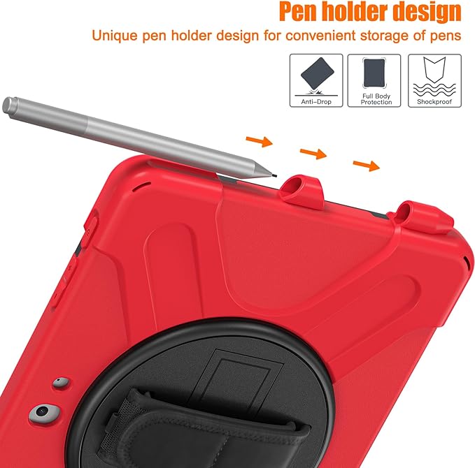 ZenRich Rugged Case for Surface Go 4 (2023)/Surface Go 3 (2021)/ Surface Go 2 (2020), Surface Go (2018) with Pen Holder Heavy Duty Shockproof Case with Stand Hand Strap and Shoulder Belt-Red