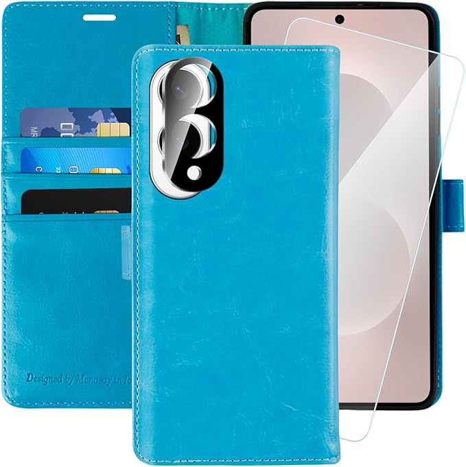 MONASAY Wallet Case Fit for Samsung Galaxy S25 Edge 5G，[Lens & Glass Screen Protector] [RFID Blocking] Flip Folio Leather Cell Phone Cover with Credit Card Holder, 6.7 inch, Light Blue