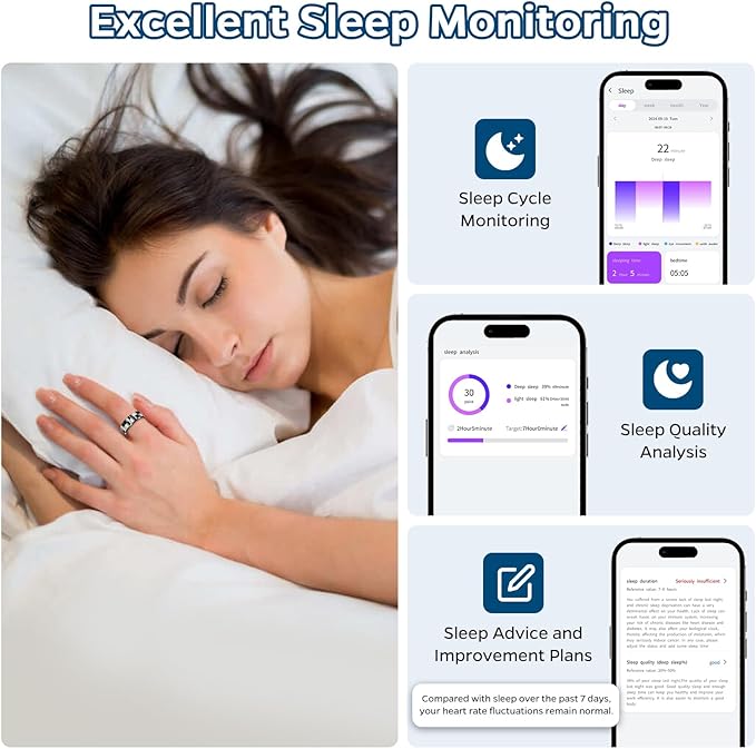 Smart Ring Health Tracker, Sleep Tracker Ring with Heart Rate, Waterproof Fitness Ring for Activity Monitoring/Steps/Distance/Calories,Air Gestures,Up to 7Day Battery,for iOS Android(Stylish Black#10)