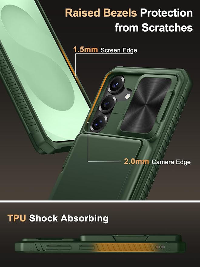 Vihibii for Samsung Galaxy S25 Wallet Case, Built-in Card Holder (4 Cards), [RFID Blocking] & Slide Camera Cover, Military Grade Drop Protection, TPU Soft Edge Case for Samsung Galaxy S25, Green