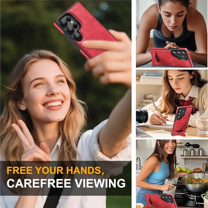 for Galaxy S25 Ultra Leather Case, Built-in Foldable Alloy Stand, with Camera Lens and Screen Protector, Slim Shockproof Kickstand Phone Cover 2025 (Red)