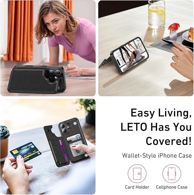 FUNMIKO for iPhone 16 Plus Wallet Case with Card Holder, RFID-Blocking, Military-Grade Protection & UV-Printed Artwork, Magnetic Closure with Leather Kickstand - Black