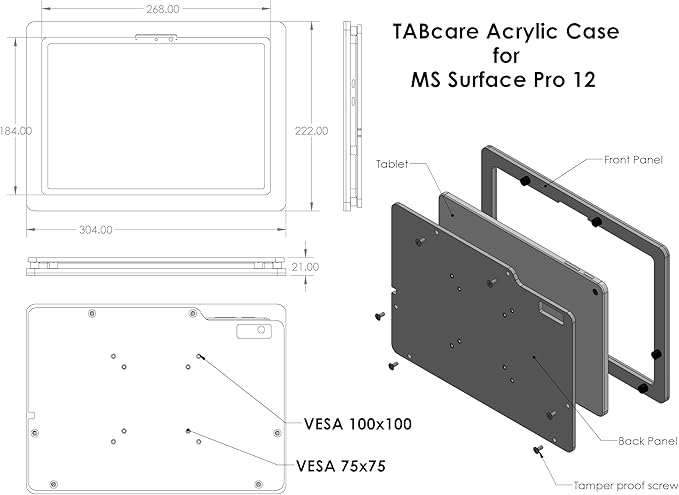 TABcare Anti-Theft Security Acrylic VESA Case for Microsoft Surface Pro 12 Tablet with 90-Degree USB C Cable & Wall Mount (Black, Surface Pro 12)