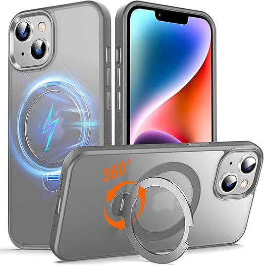360° O-Ring MagStander for iPhone 13 Case, iPhone 14 Case with Magnetic Stand Ring Holder [Compatible with MagSafe][15FT Military Shockproof] Kickstand iPhone 13/14 Phone Cover Matte Grey