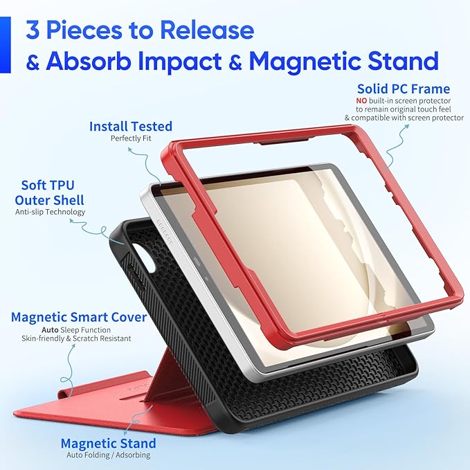 SEYMAC stock Case for Samsung Galaxy Tab A9 8.7'', Case with Magnetic Multi-Angles Stand, Card Slot for Galaxy Tab A9 8.7'' SM-X110/X115/X117, (Red)