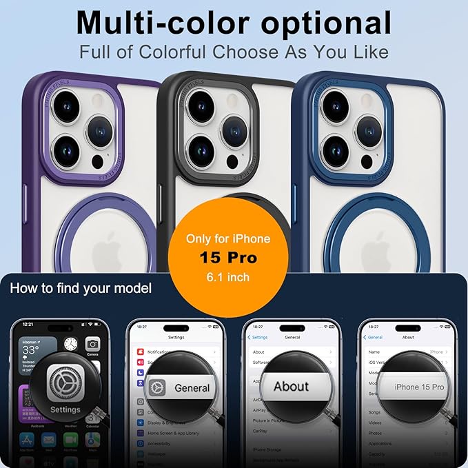 ZIYE Magnetic Case for iPhone 15 Pro Case with Stand [Compatible with MagSafe] Slim Shockproof Military Grade Heavy Duty Cover with 360 Rotatable Ring Kickstand for Women Men, Translucent Purple